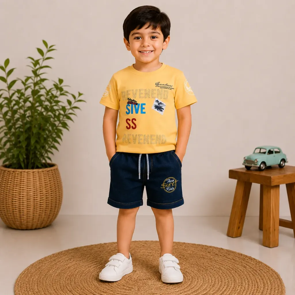 Boys’ Polo Print T-Shirt & Denim Shorts Set (0, Yellow)