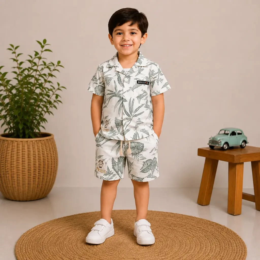 Boys Printed Shirt & Shorts Co-Ord Set – Tropical Leaf Print (0)