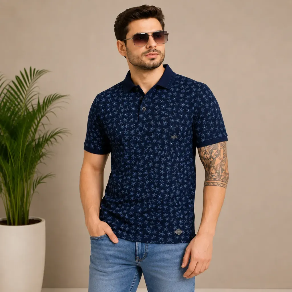 Men’s Navy Blue Printed Polo T-Shirt (S)