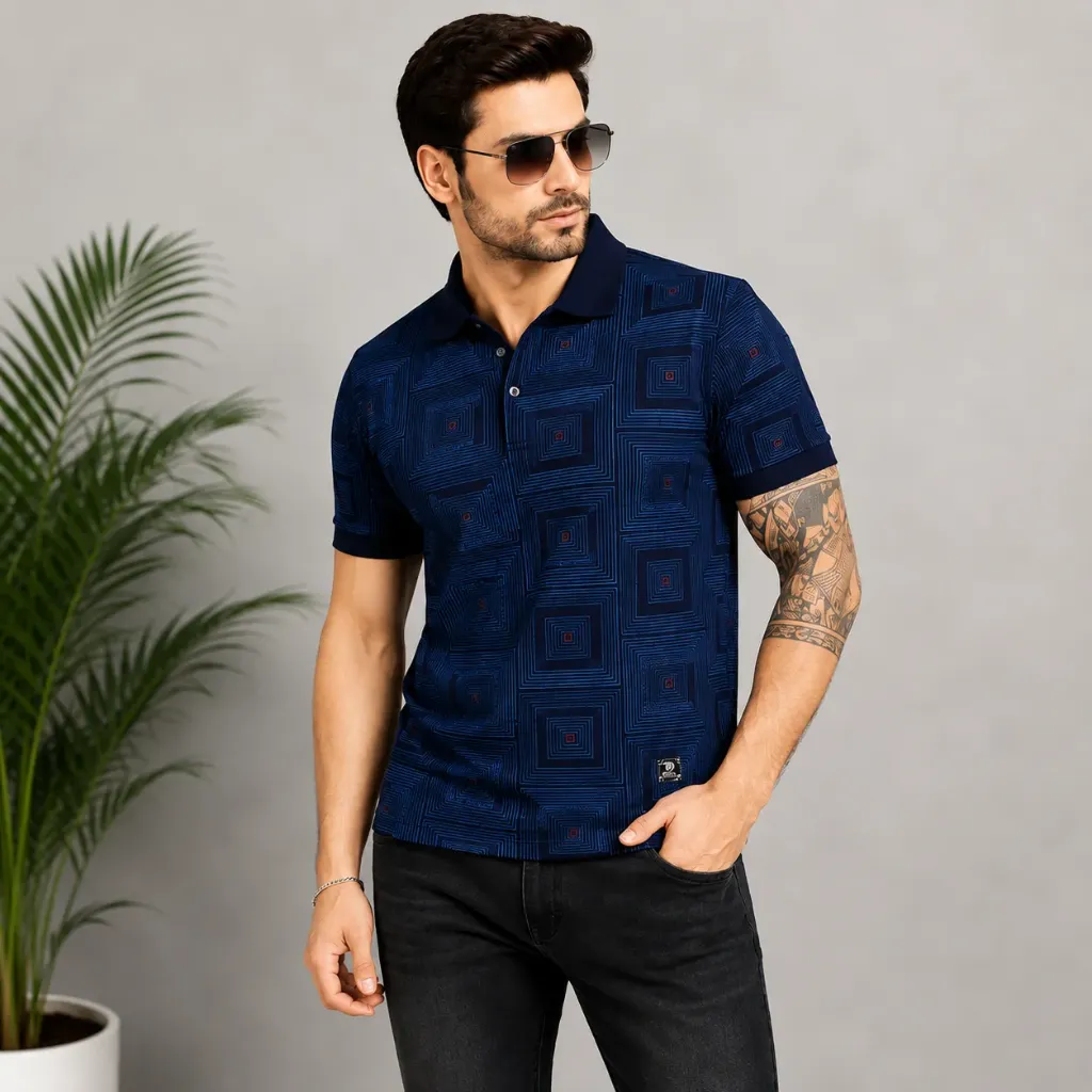 Men’s Navy Blue Geometric Printed Polo T-Shirt (S)