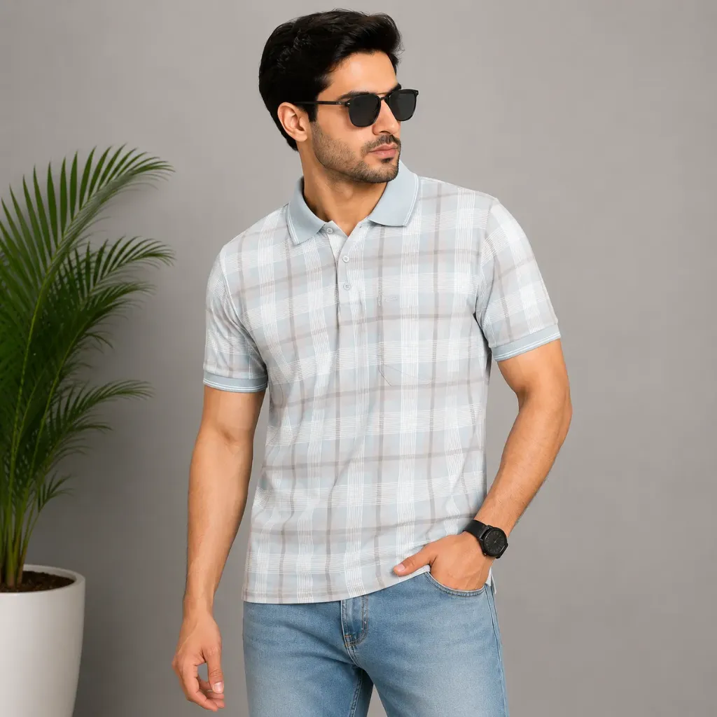 Men's Light Blue & White Checked Regular Fit Polo T-Shirt (S)